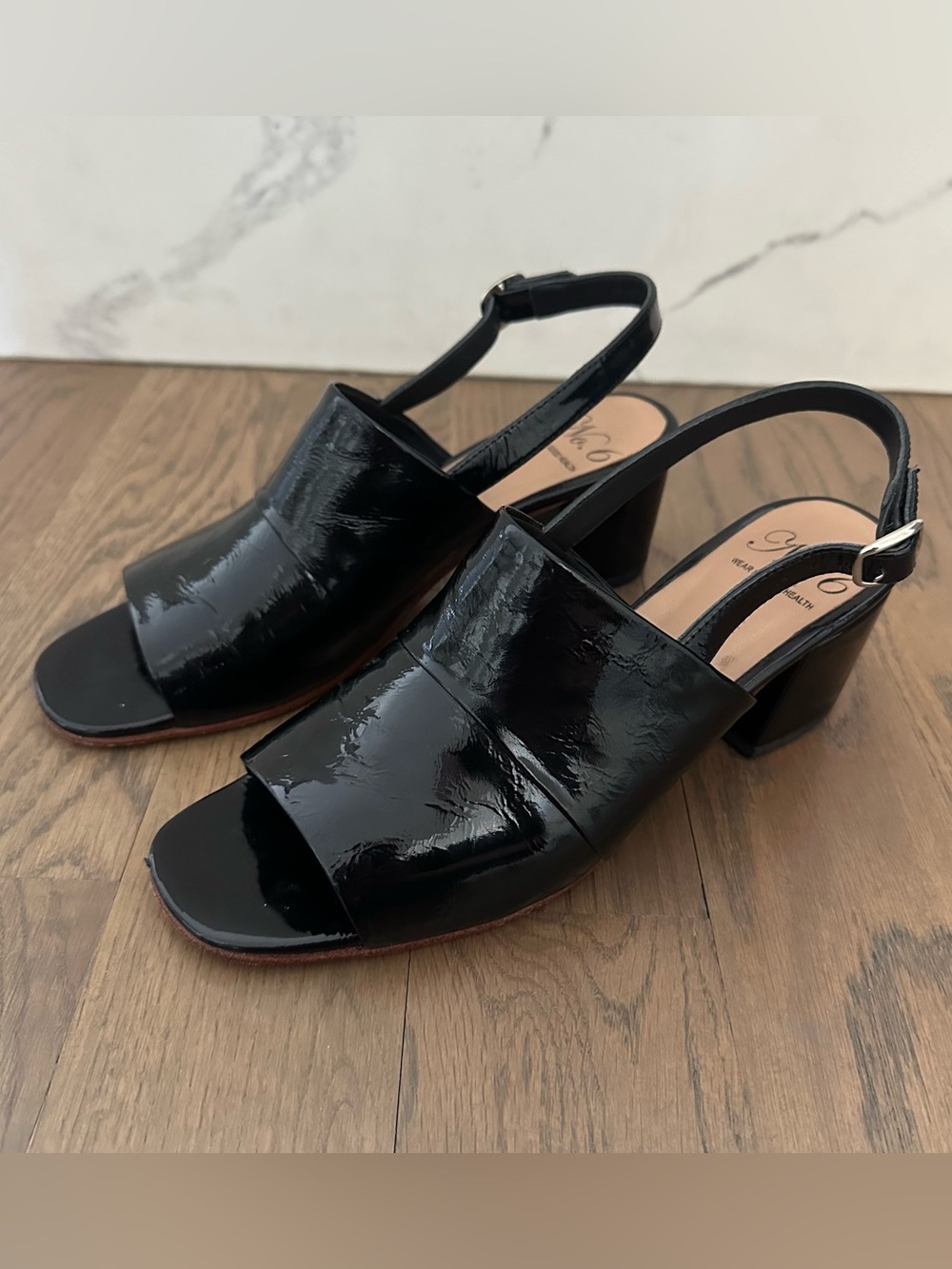 No. 6 Patent Leather Square Toe Slingback Block Heel Mule Sandal in Black Size 8